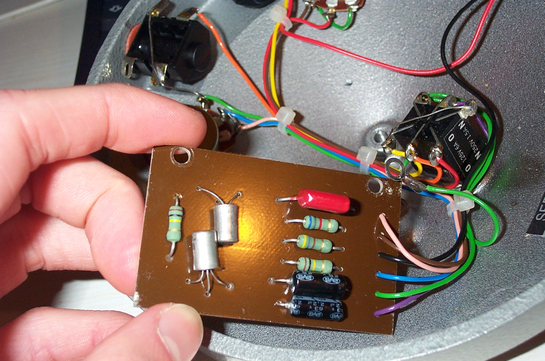 Circuit board from an Arbiter-branded Fuzz Face reissue with AC128 transistors