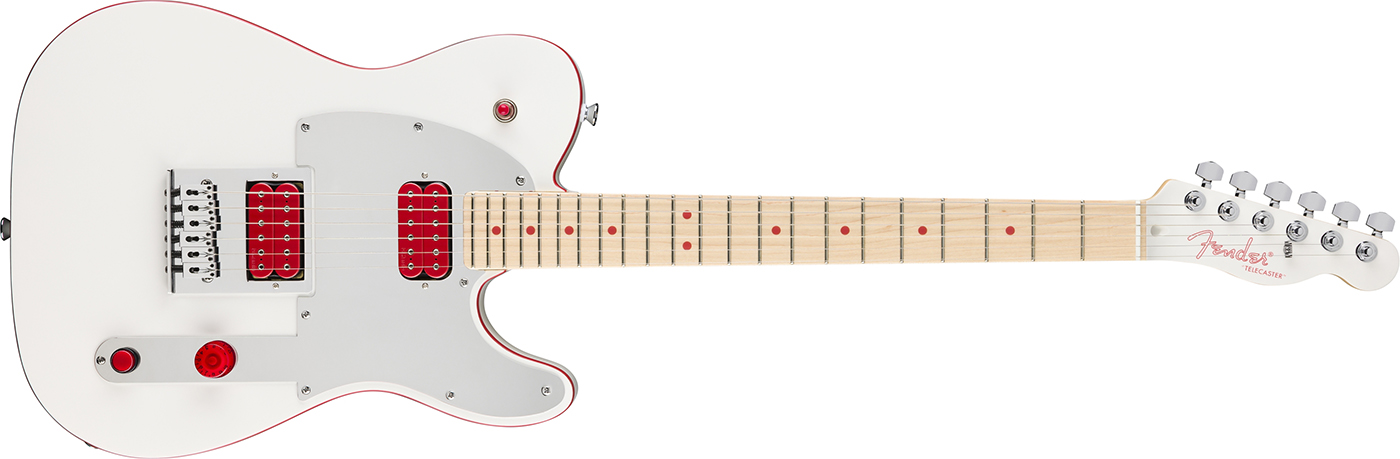 Fender John 5 Ghost Telecaster in Arctic White with mirror pickguard, red humbuckers, red binding and maple fingerboard, full front view