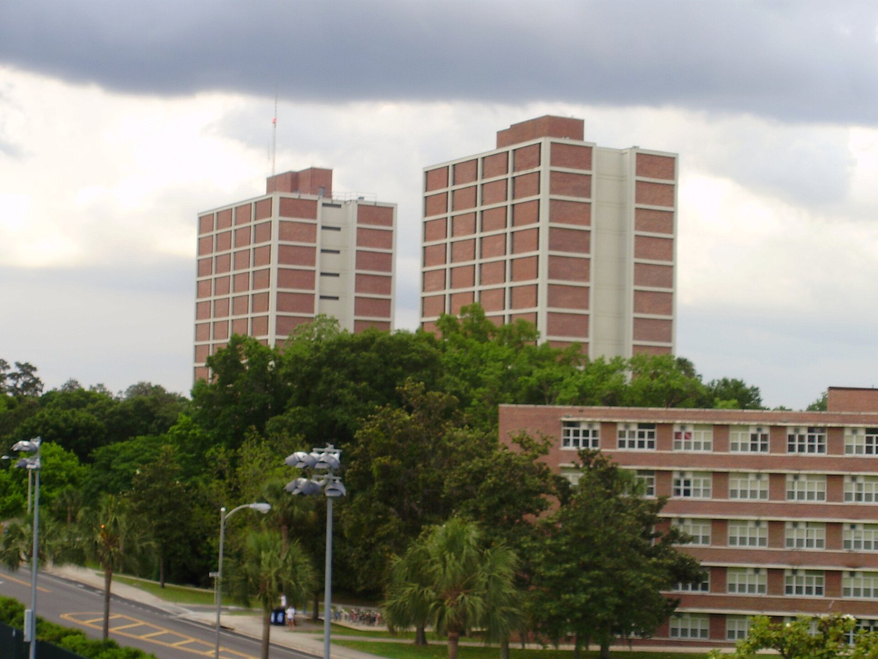 The Beaty Towers residence halls at the University of Florida in Gainesville under a cloudy sky