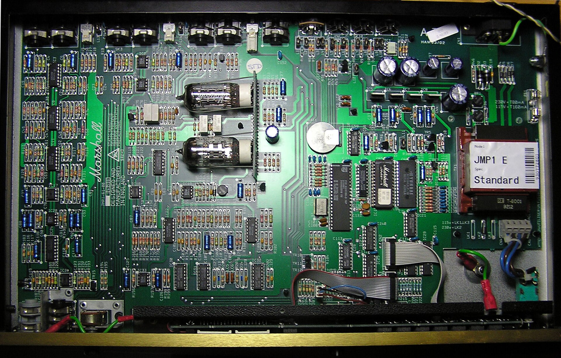 Inside a Marshall JMP-1 MIDI tube preamp, the heart of Gambale's early-2000s rack rig. Illustrative.