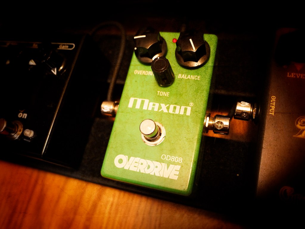 A Maxon OD808 Overdrive. Nisshin Onpa sold the original circuit in Japan under its own Maxon brand, while Ibanez exported it as the TS808.