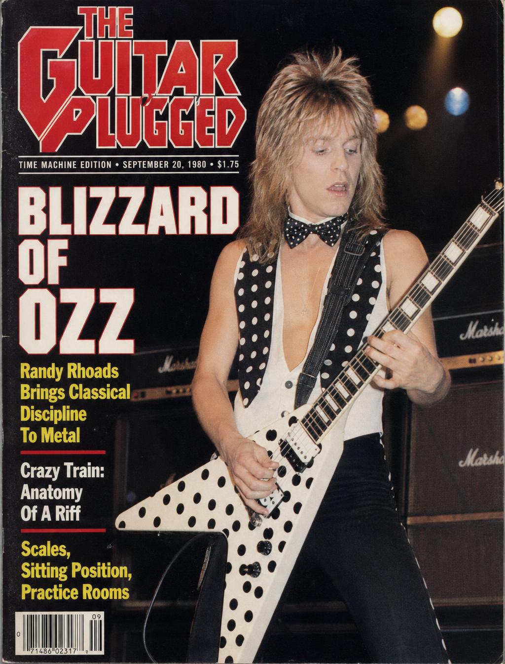 Illustration of a polka-dot Flying V style guitar leaning against an amplifier in a countryside studio room