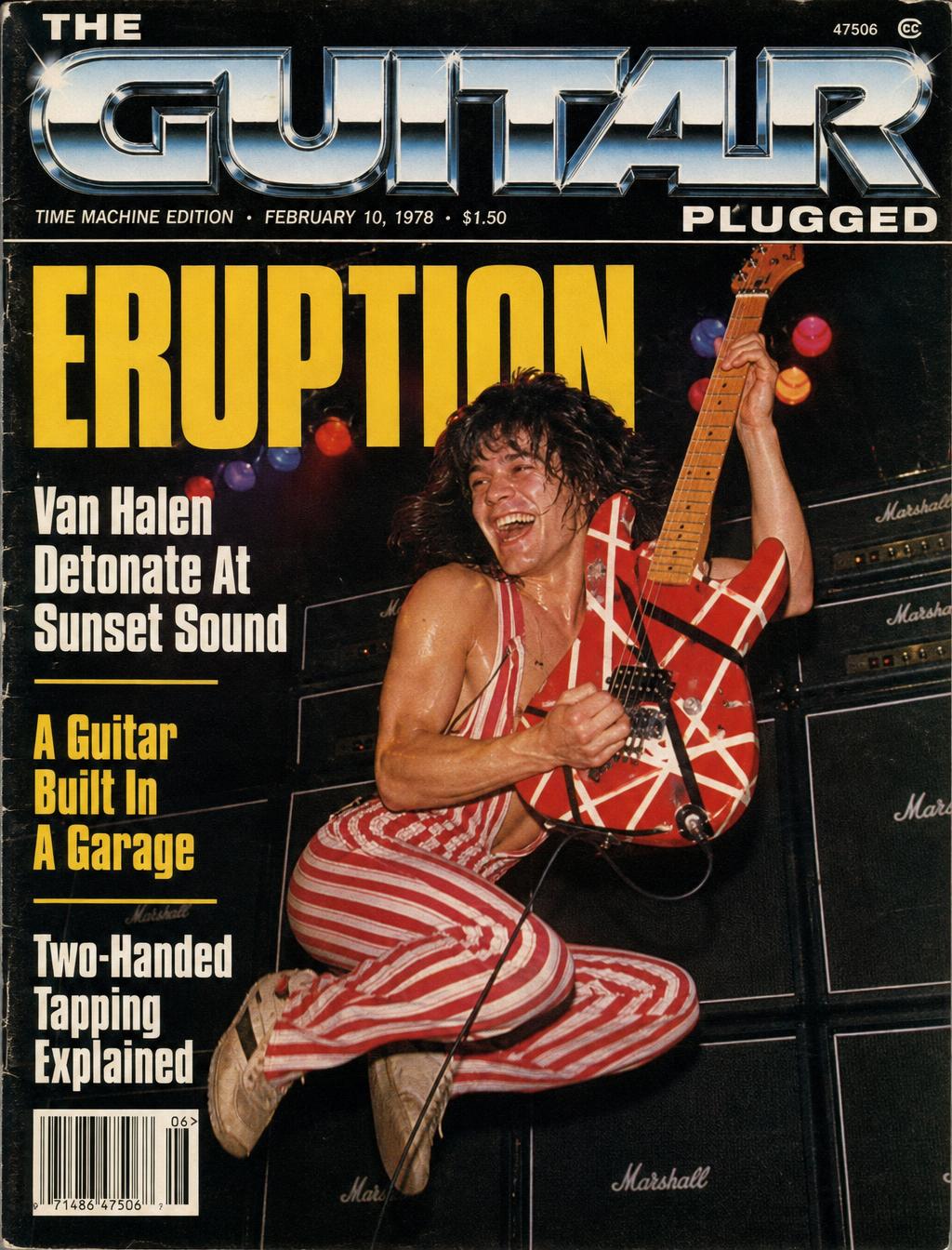 Illustration of a red white and black striped homemade electric guitar leaning against a Marshall amplifier stack in a studio