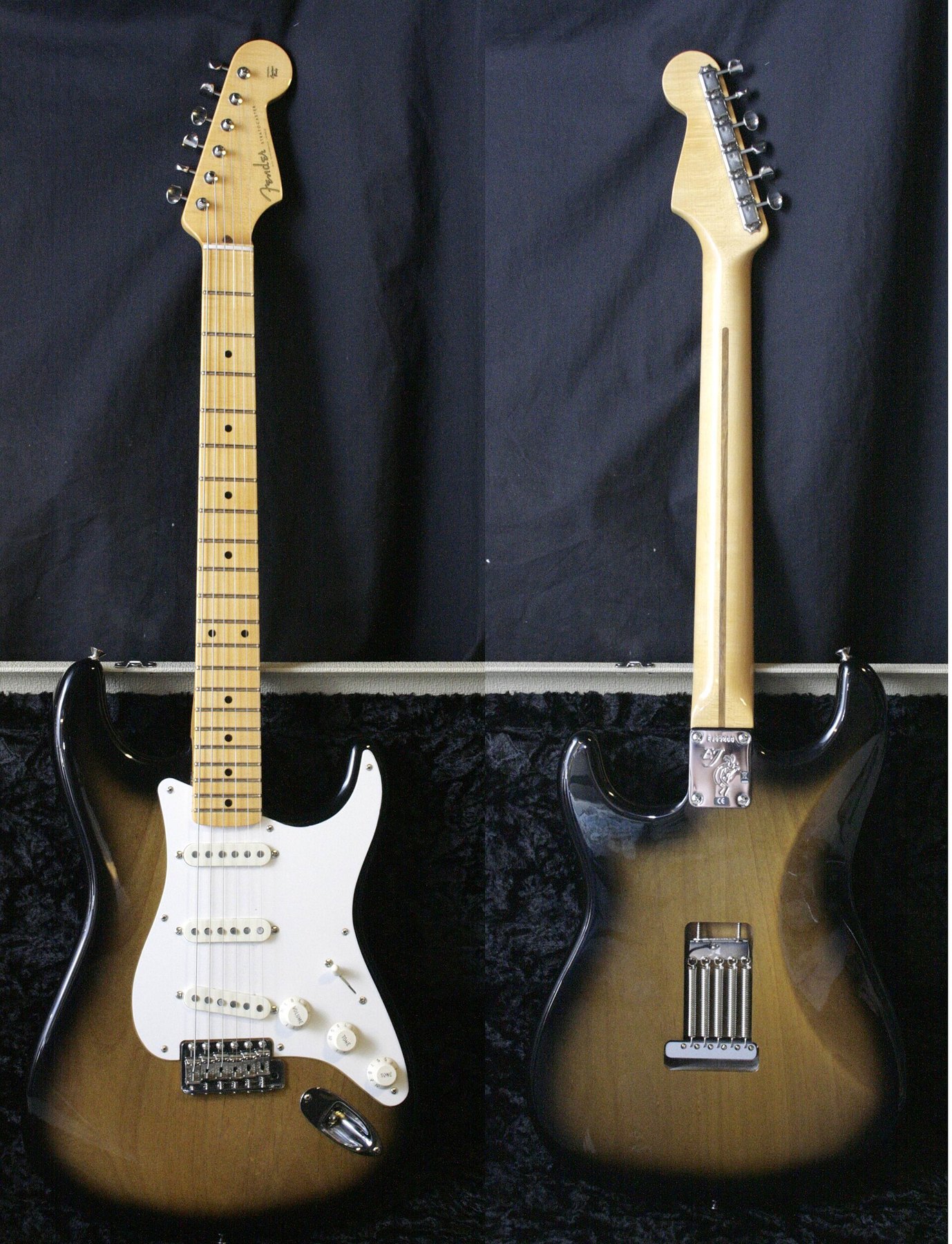 A Fender Eric Johnson signature Stratocaster in two-tone sunburst with a maple neck, shown front and back