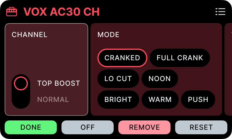 The amp page for an AC30-style model (interface image).