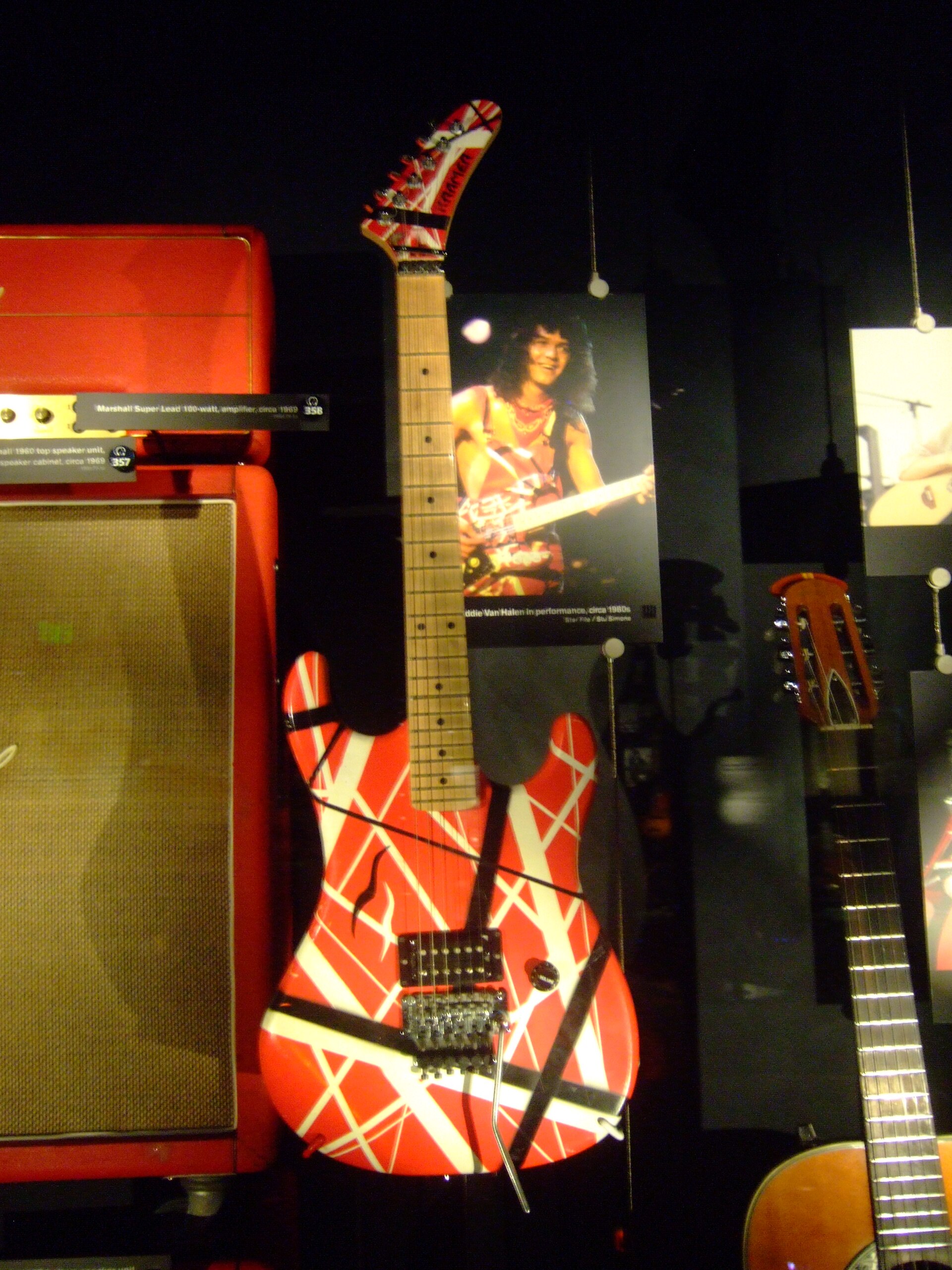 Striped Kramer-style Van Halen guitar on display at the EMP Museum, Seattle, 2011