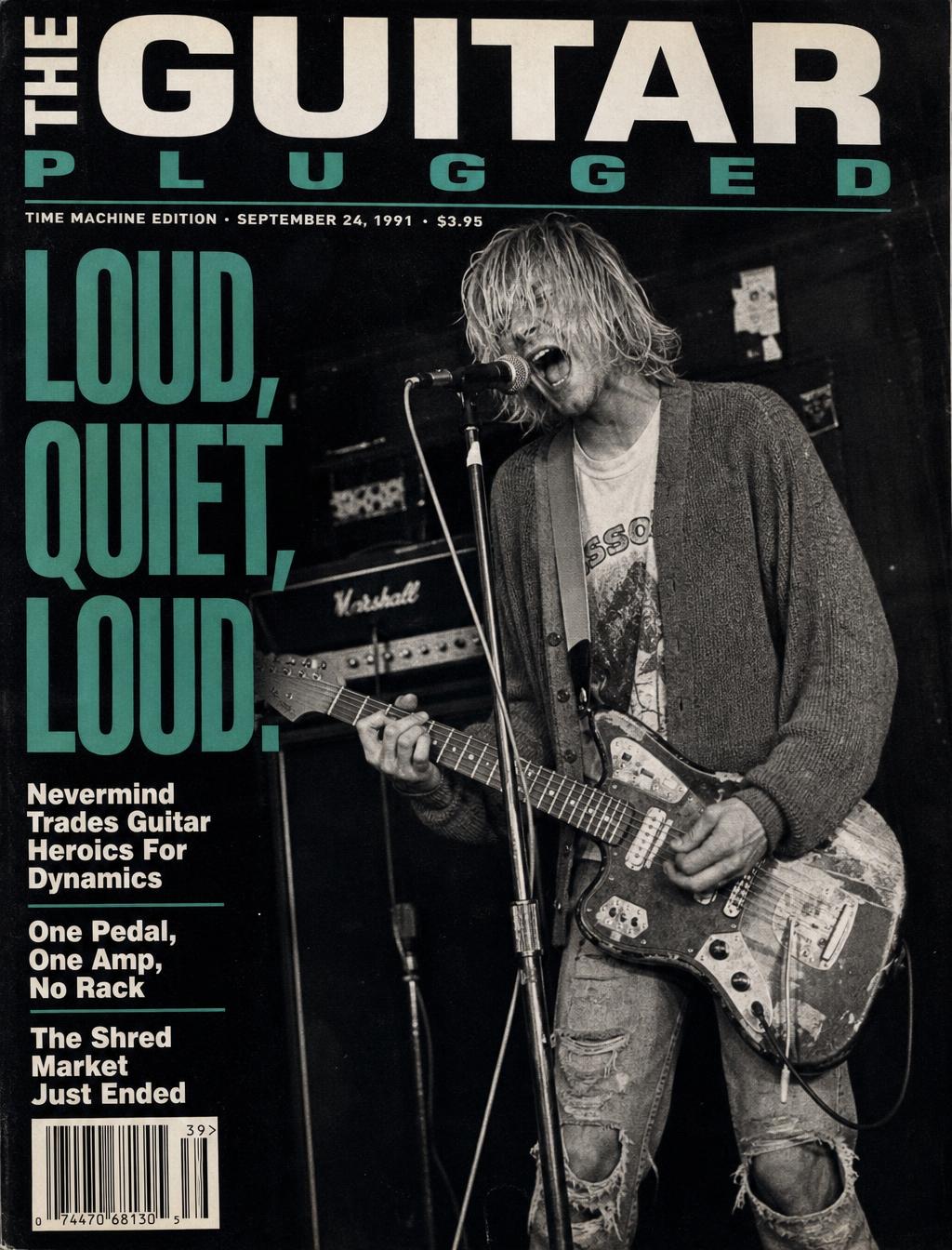 Illustration of a left-handed offset electric guitar leaning against an amplifier in a dim rehearsal garage, cables coiled on the floor