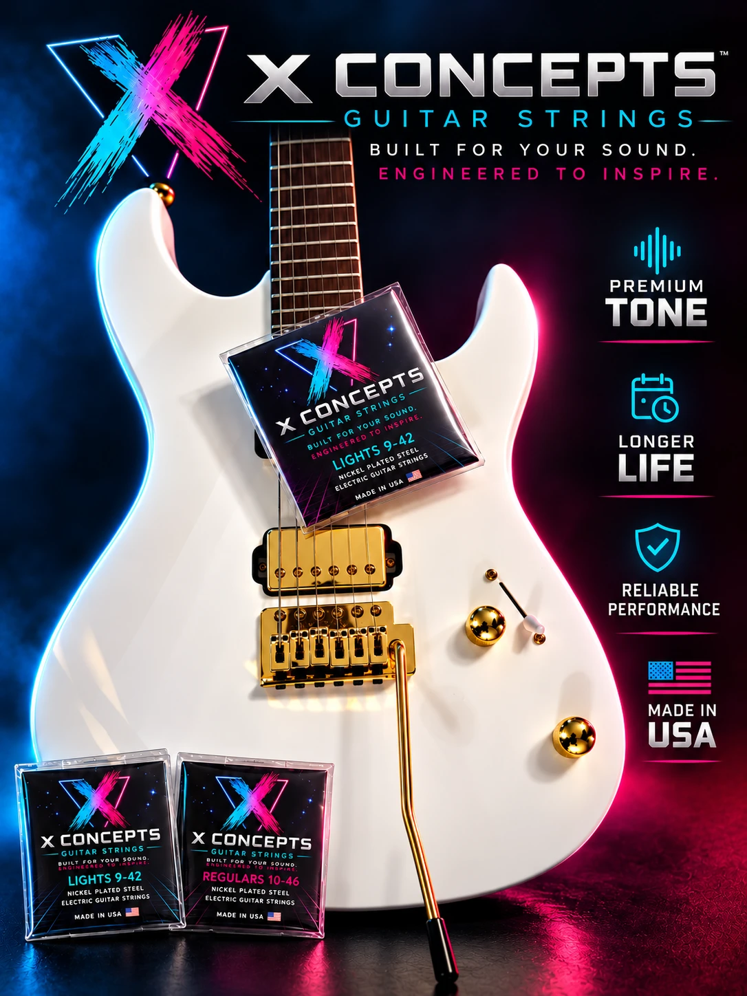 X Concepts Guitar Strings — Lights 9–42 and Regulars 10–46, nickel plated steel, made in USA. Built for your sound. Engineered to inspire.