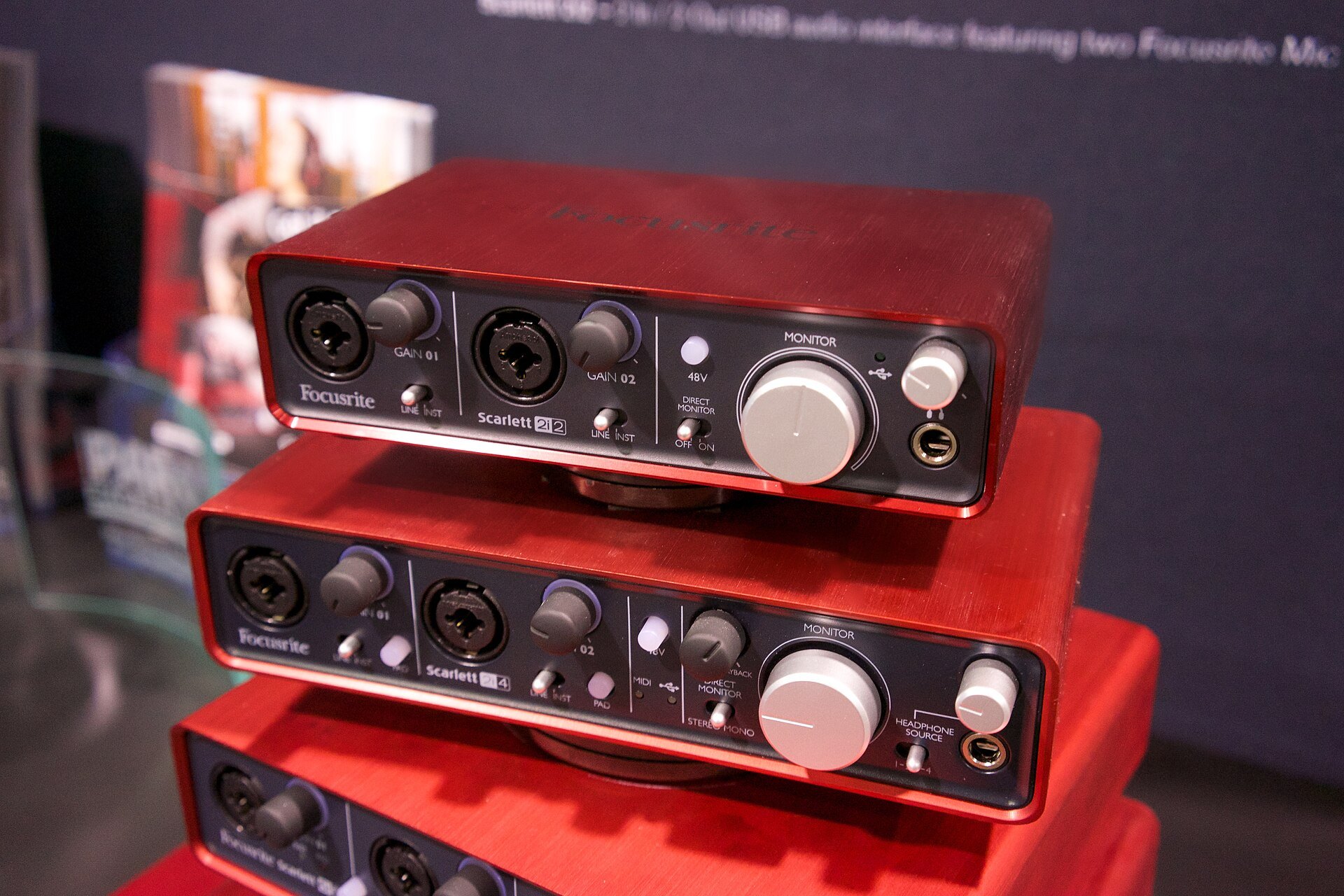 Focusrite Scarlett USB interfaces at the 2014 NAMM Show. (Older generation shown; illustrative.)