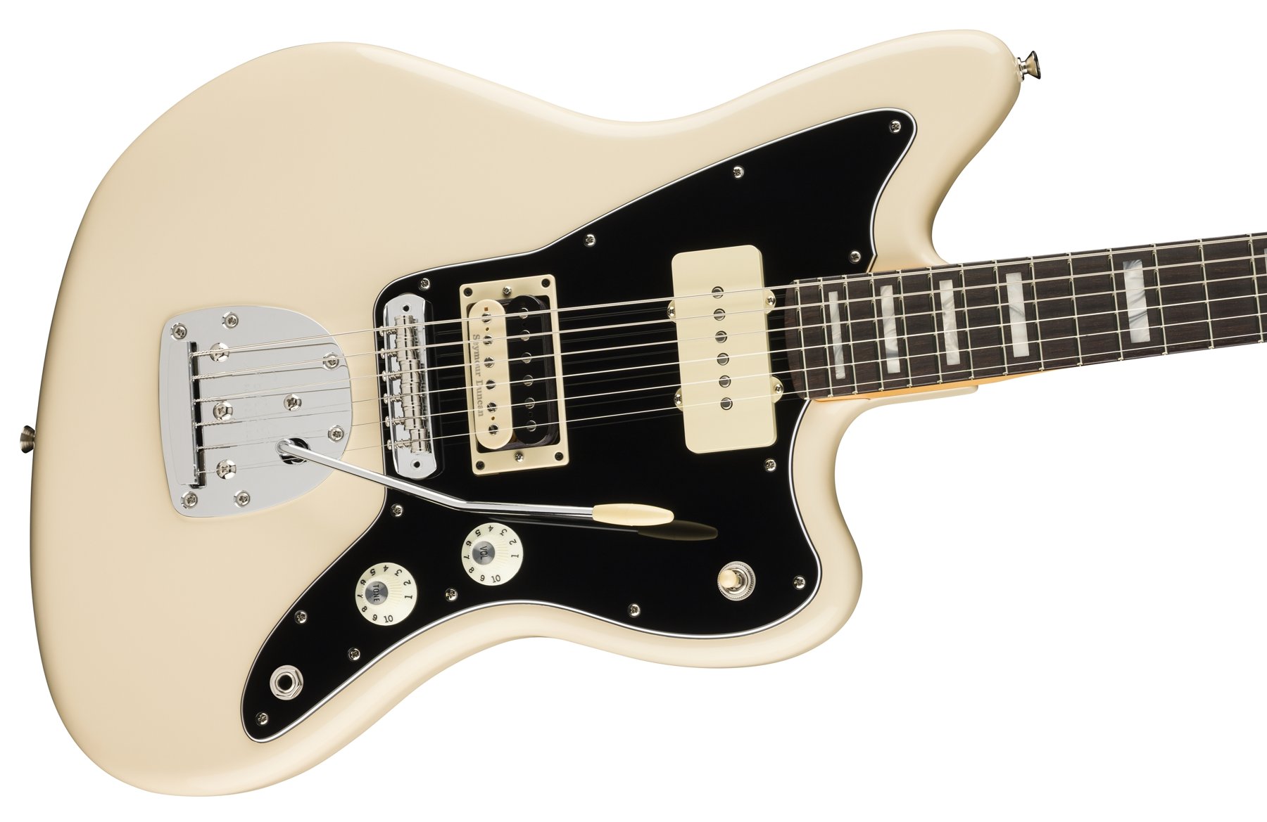 Body of the Fender Limited Edition Kim Gordon Jazzmaster in Olympic White, with a Seymour Duncan JB bridge humbucker, a Jazzmaster neck pickup and a black pickguard