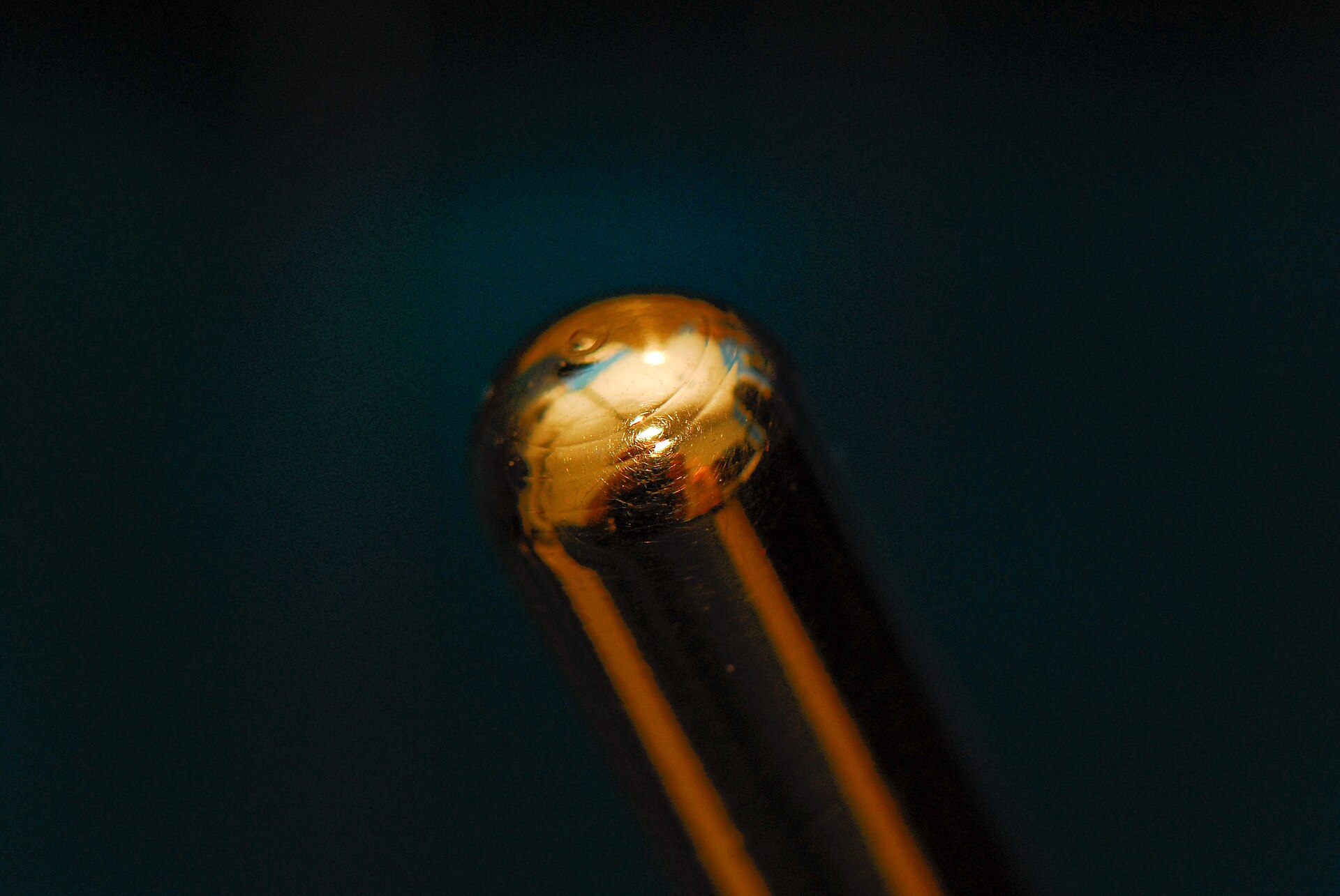 Macro shot of a gold whammy bar tip against a dark background