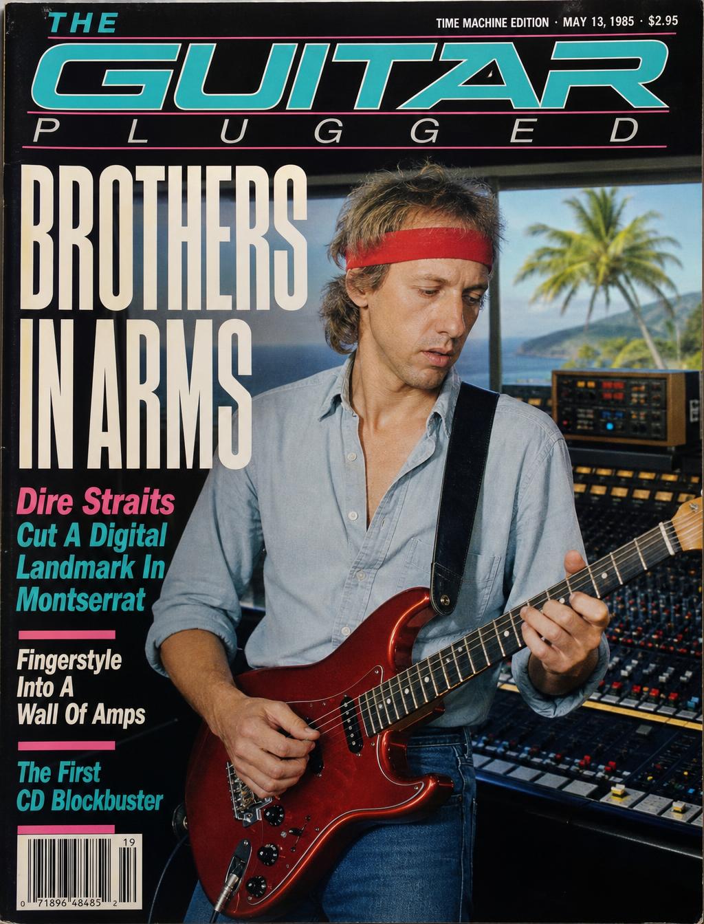 Illustration of a red electric guitar resting on a mixing console beside a reel of tape, with a tropical mountain visible through a studio window