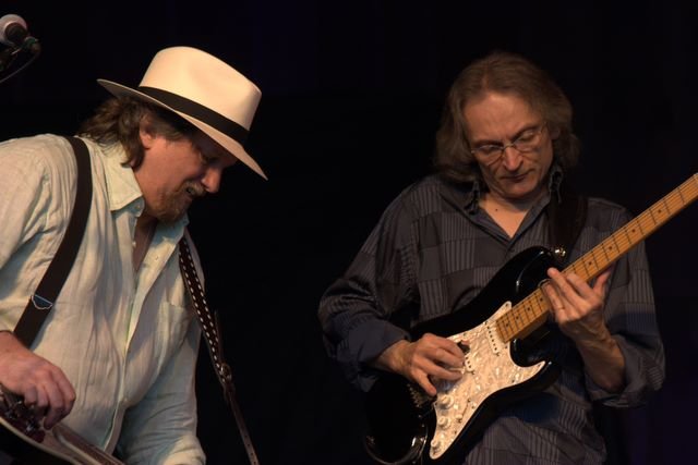 Sonny Landreth and Dobro player Jerry Douglas performing together at MerleFest in 2011