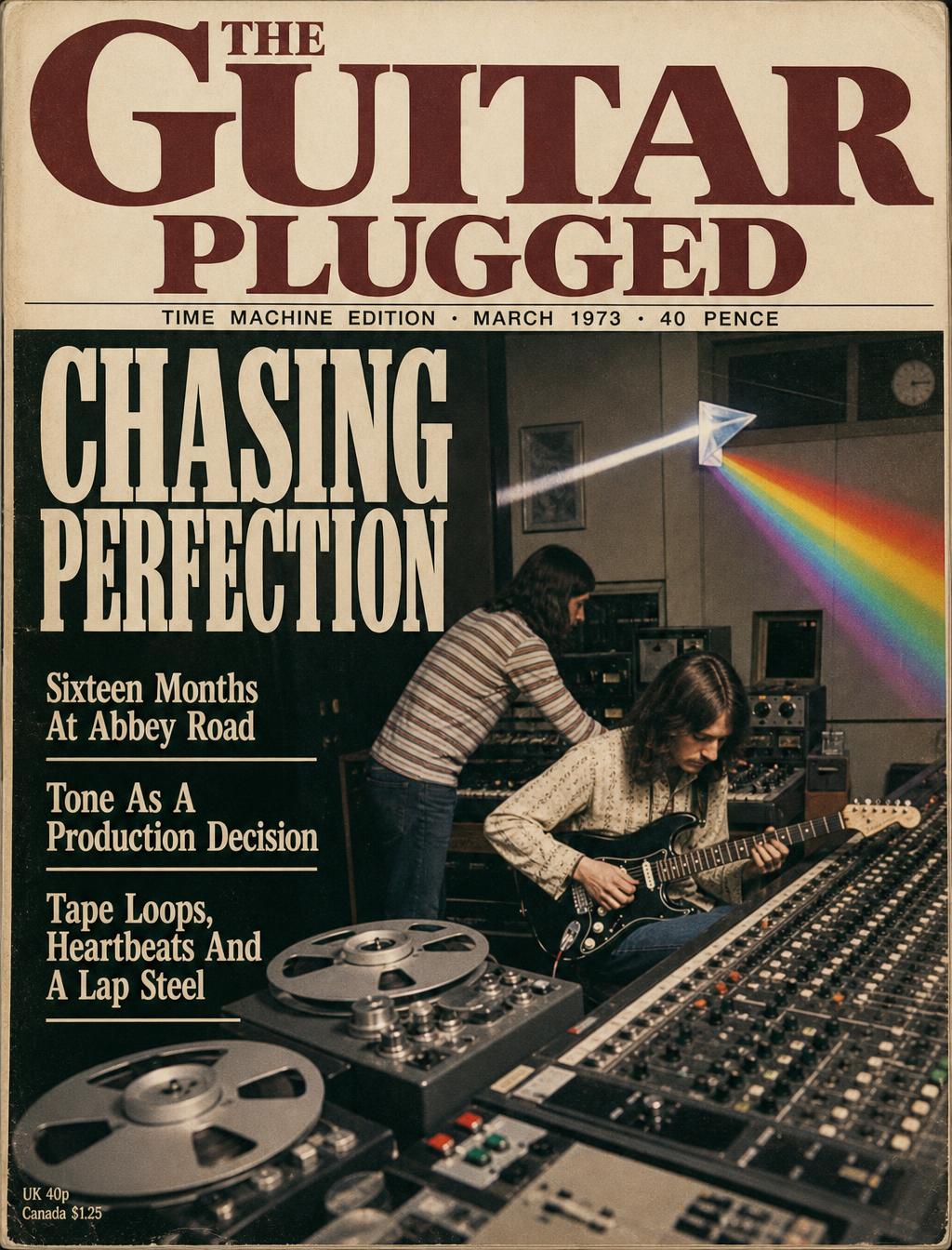Illustration of a prism refracting light inside a vintage recording studio control room with tape reels