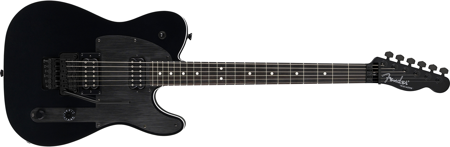 Fender John 5 Phantom Telecaster in black with black headstock, Floyd Rose tremolo and two humbuckers, full front view