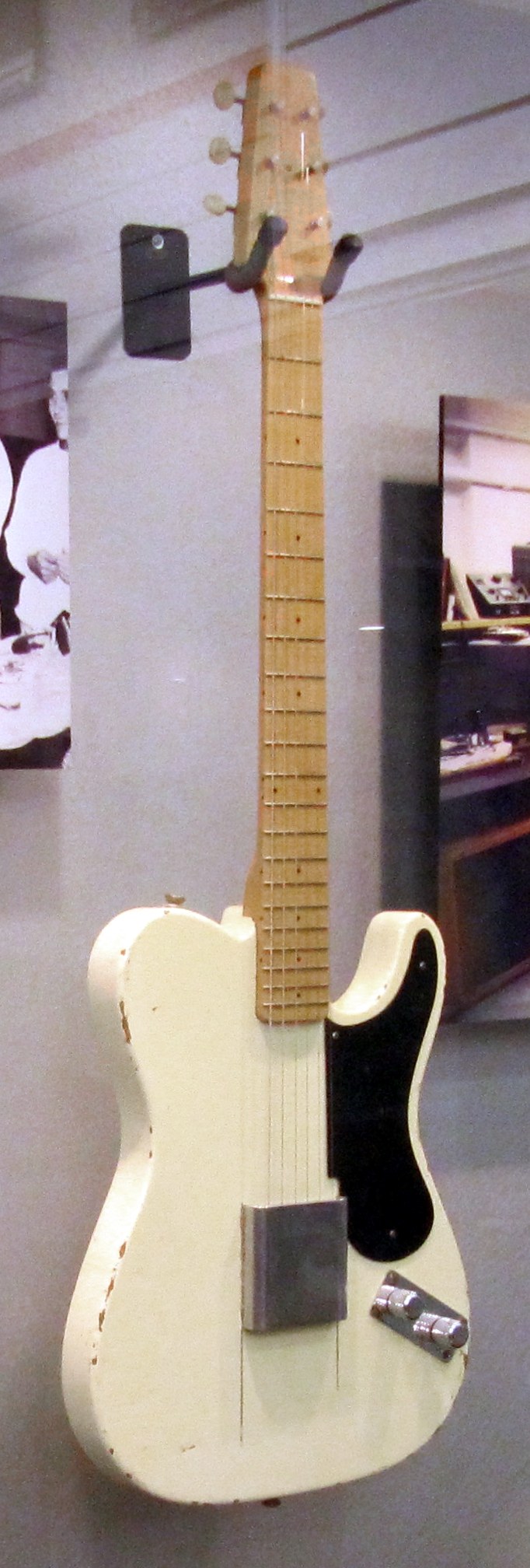 The white 1949 Fender Esquire prototype on display in the Fender factory museum
