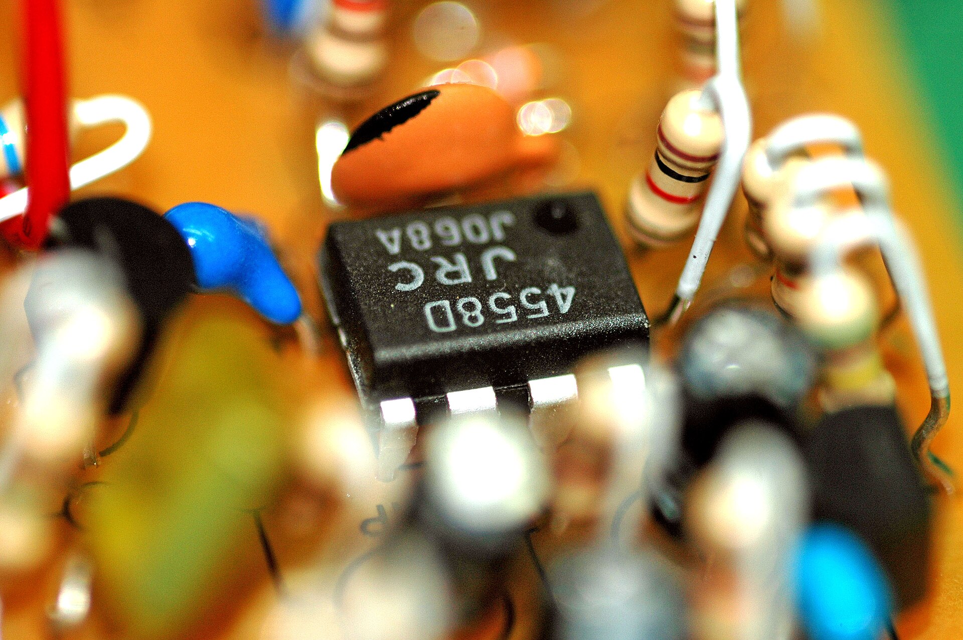 The JRC 4558D op-amp on a TS9 board, the most mythologized chip in pedal history. The designer says early units actually used other 4558-type and 1458 chips.