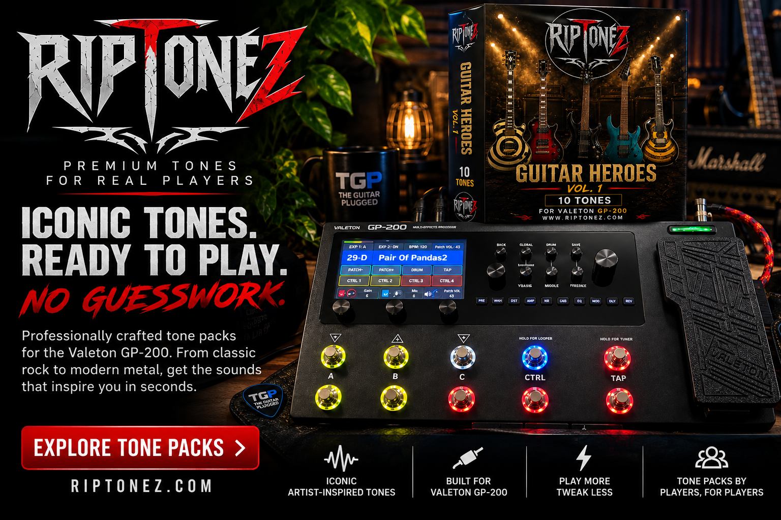 RipToneZ premium tone packs for the Valeton GP-200, with the Guitar Heroes Vol. 1 pack