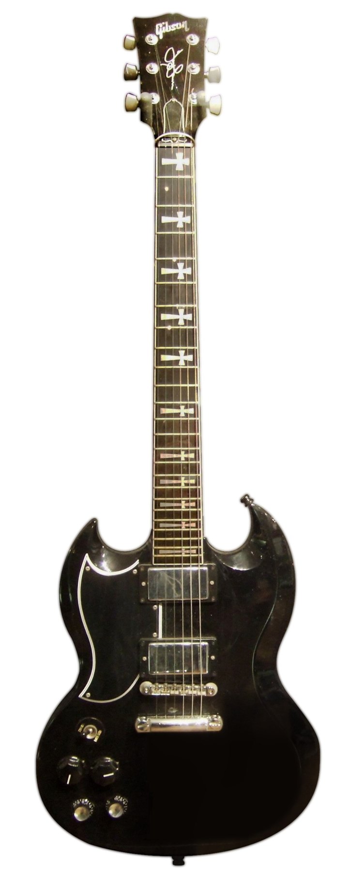 A left-handed black Gibson Tony Iommi signature SG with cross fretboard inlays