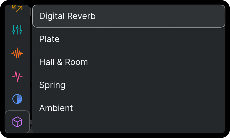 The effects browser, showing reverb types (interface image).