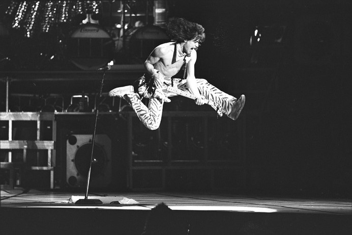 Eddie Van Halen airborne onstage in Los Angeles, 1984