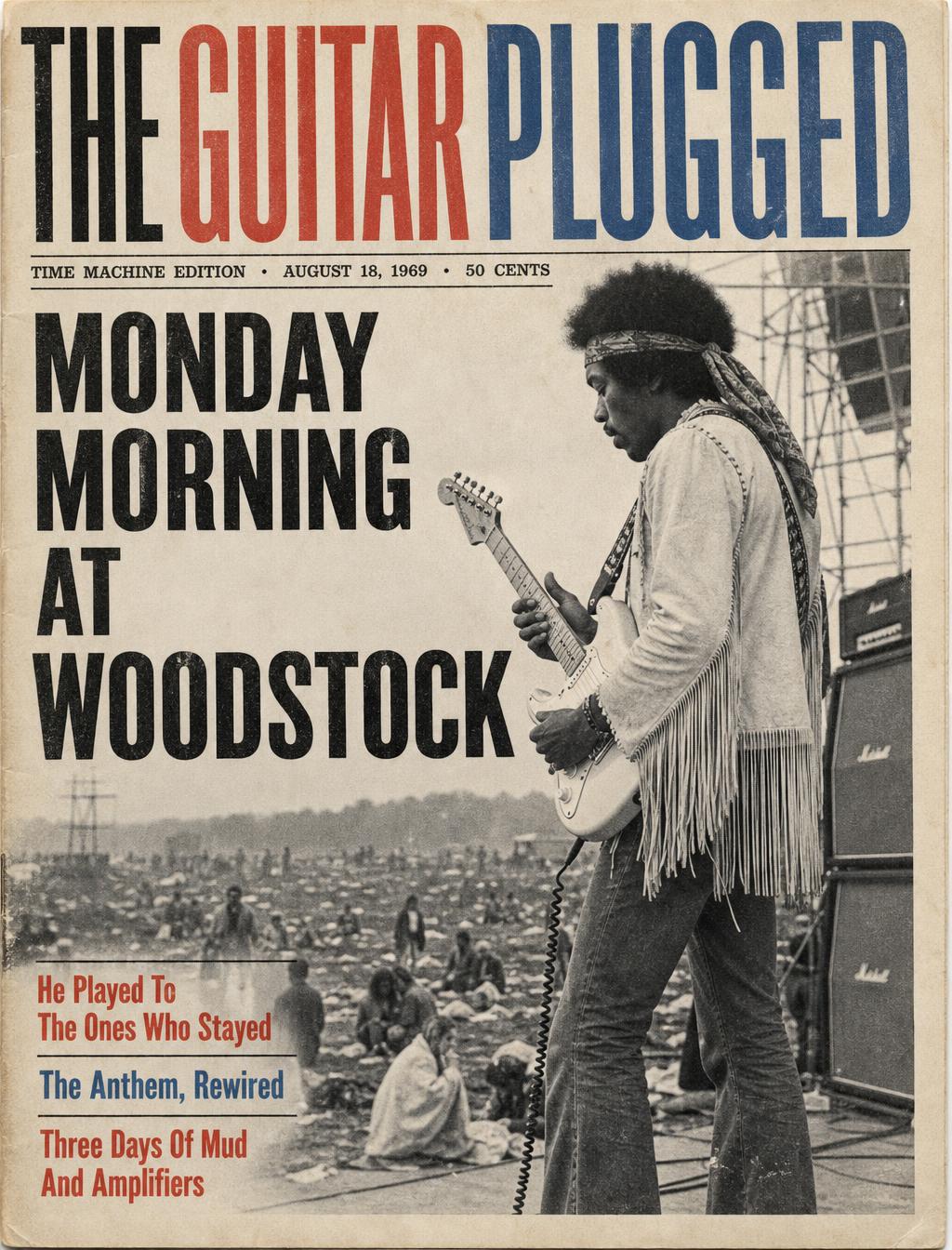 A white Stratocaster silhouetted against an early morning sky over an empty muddy field littered with blankets and debris.