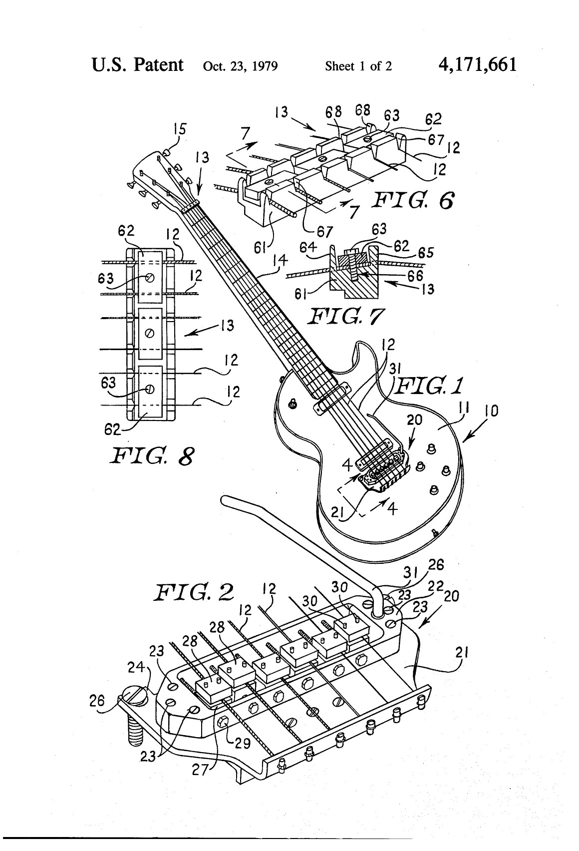 Black-and-white patent drawing of a guitar with close-ups of the locking nut and bridge