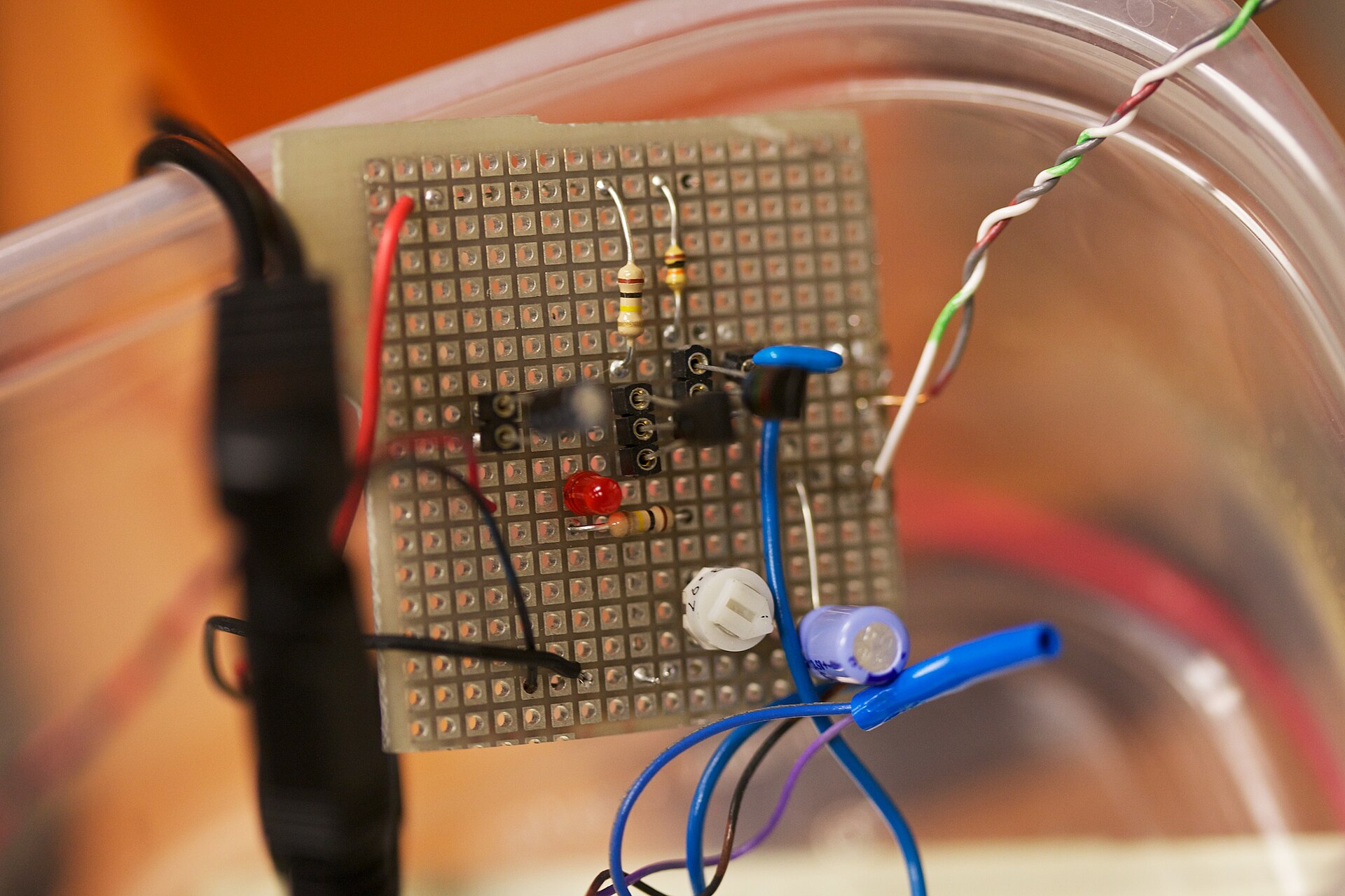 A homemade Fuzz Face-style circuit built on perfboard