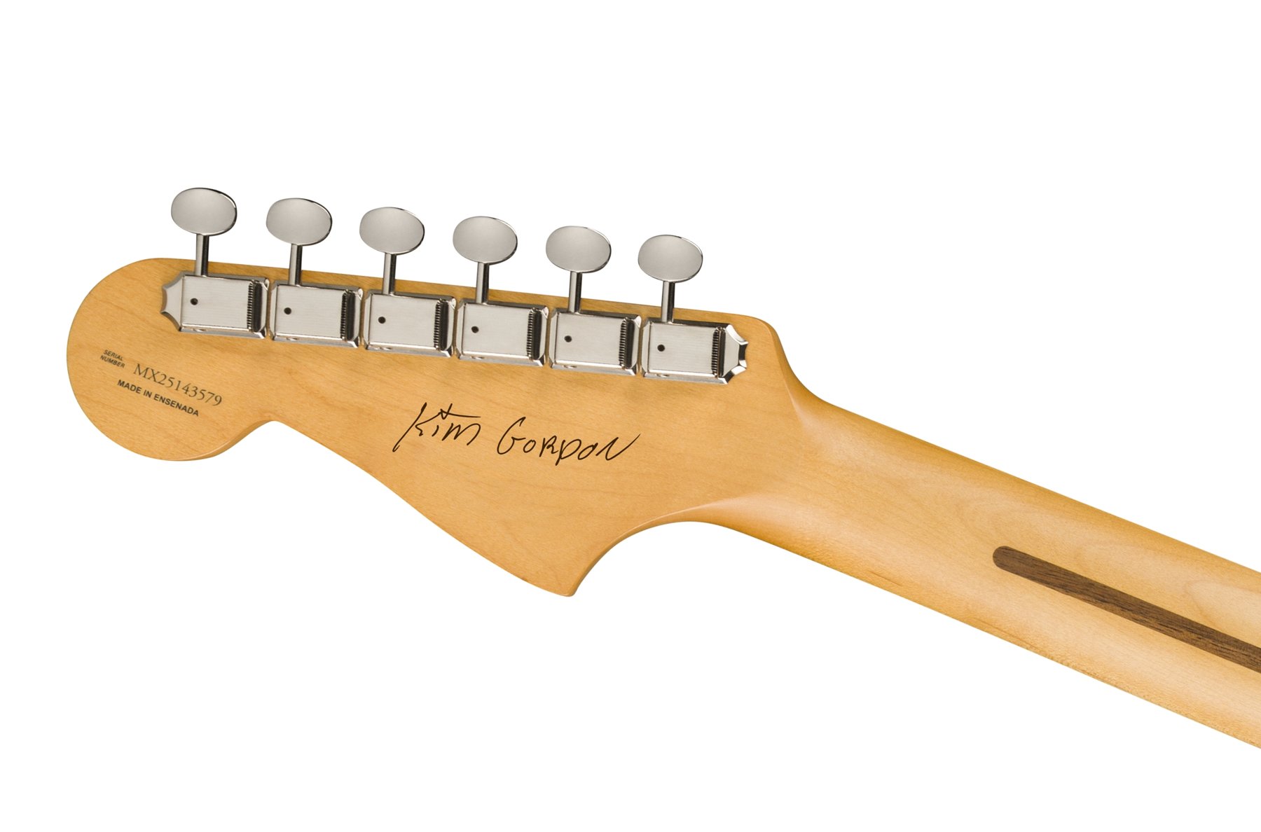 The back of the Kim Gordon Jazzmaster headstock with Kim Gordon's signature