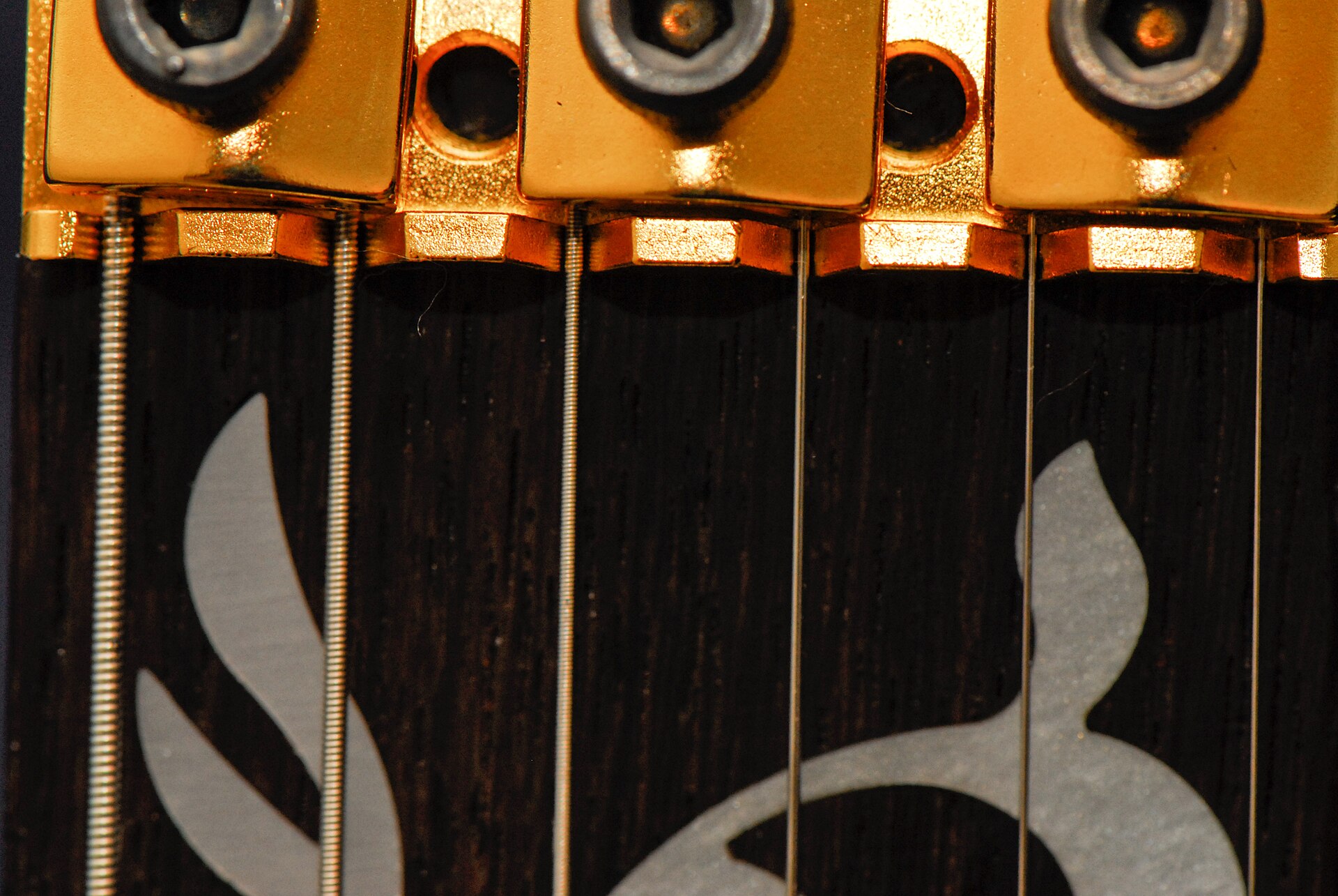 Macro shot of three gold locking-nut clamps over guitar strings