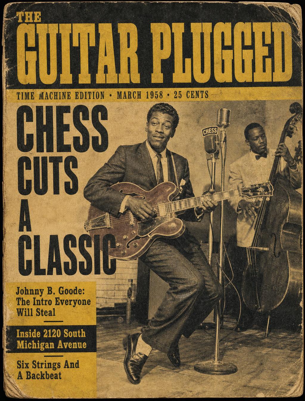 Illustration of a hollow-body electric guitar leaning against a Chicago recording studio wall, sheet music and a piano visible in the background.