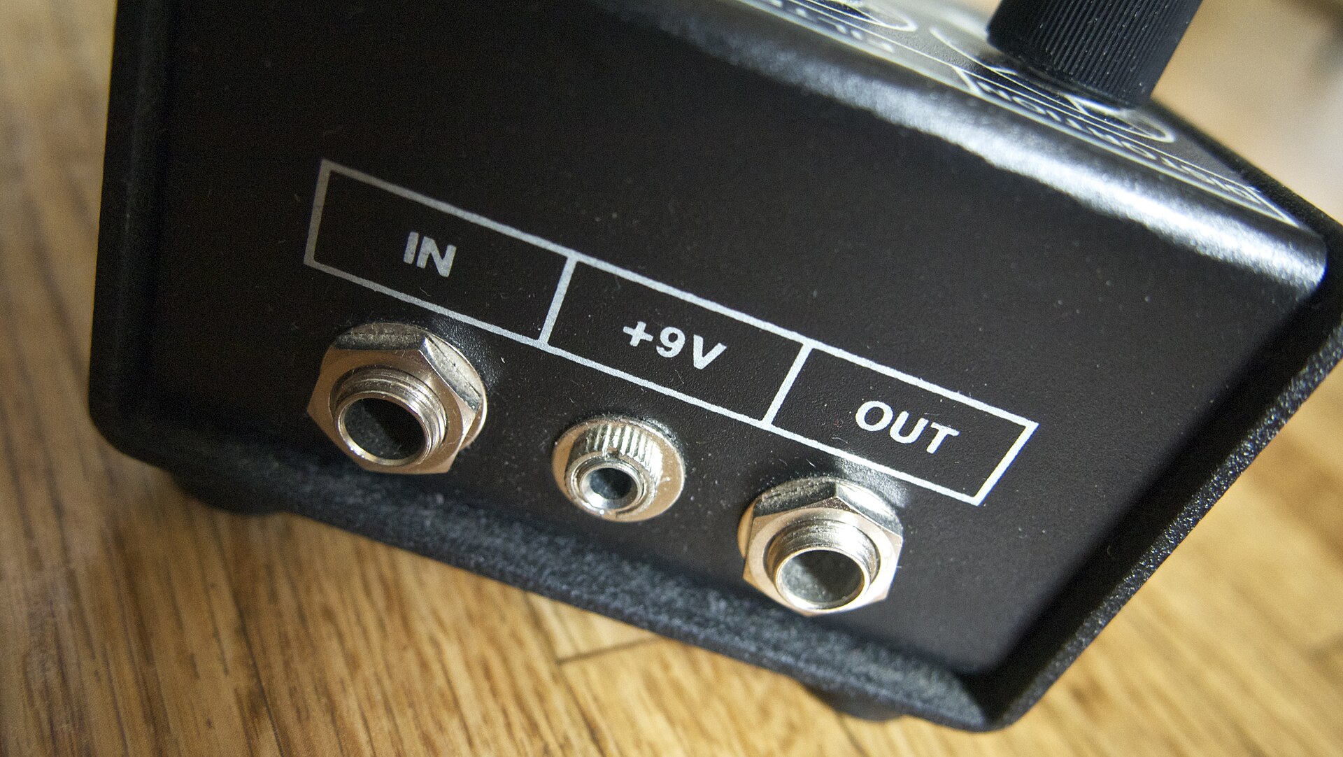 Rear panel of a ProCo RAT2 showing the input, 9V power and output jacks