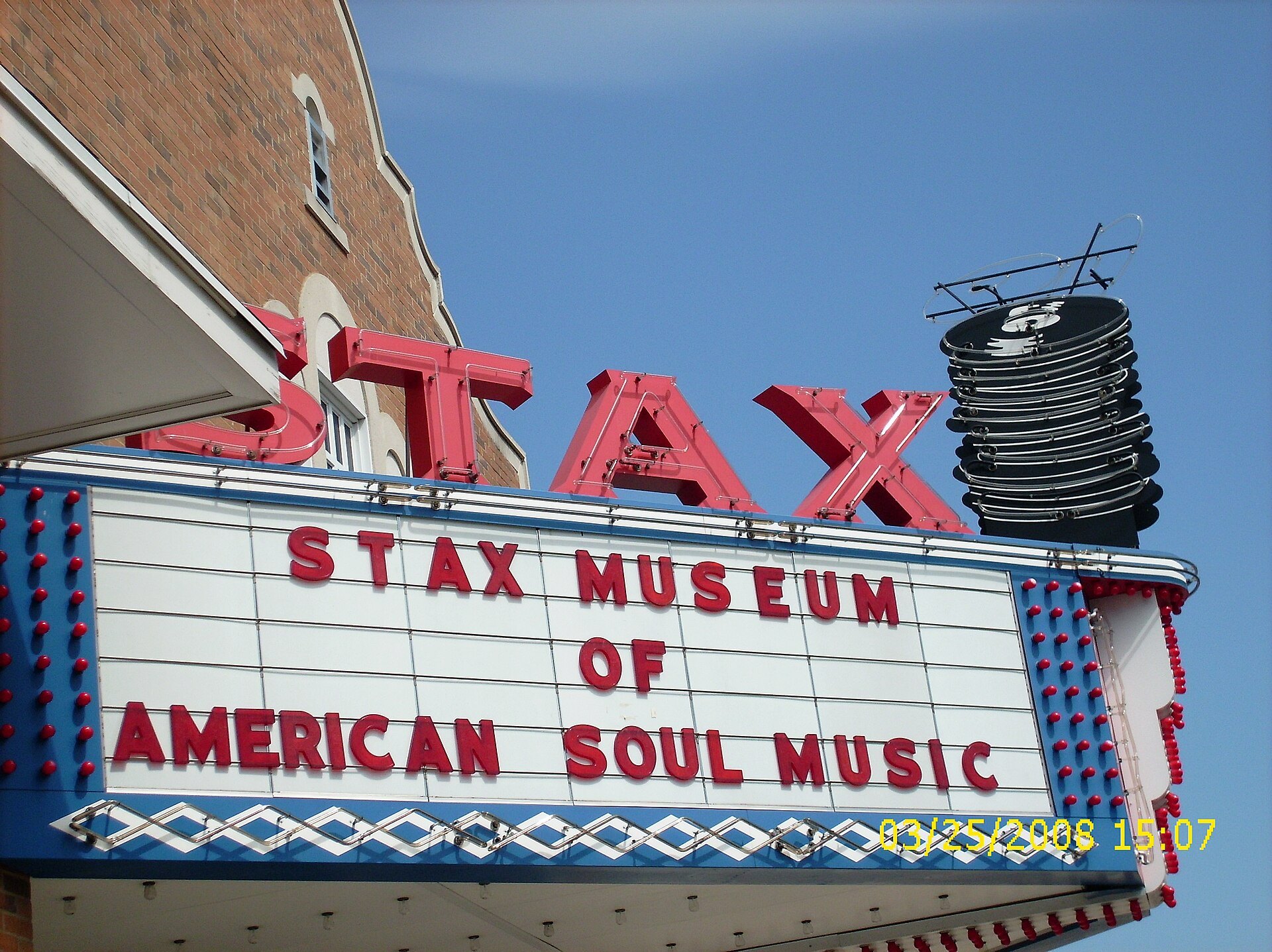 The marquee of the Stax Museum of American Soul Music on McLemore Avenue in Memphis, on the site of the old movie theater that became Stax's studio. Photographed in 2008.