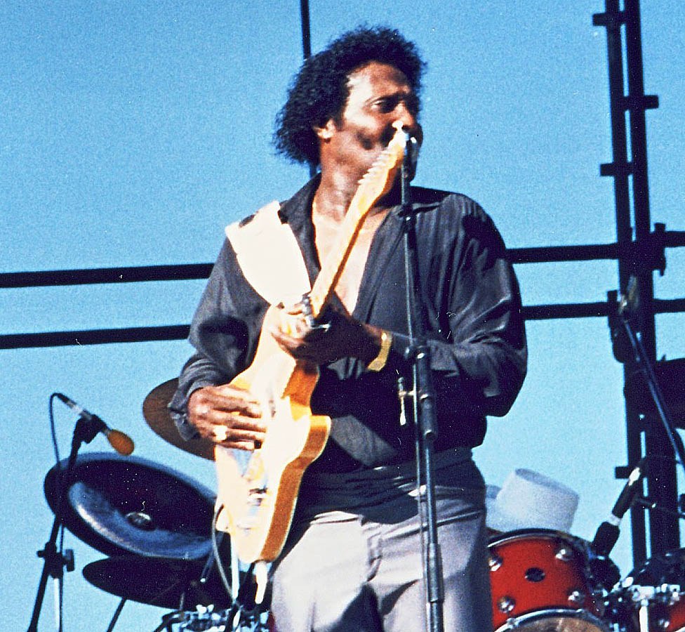 Albert Collins playing a Telecaster on stage at the Long Beach Blues Festival in 1990