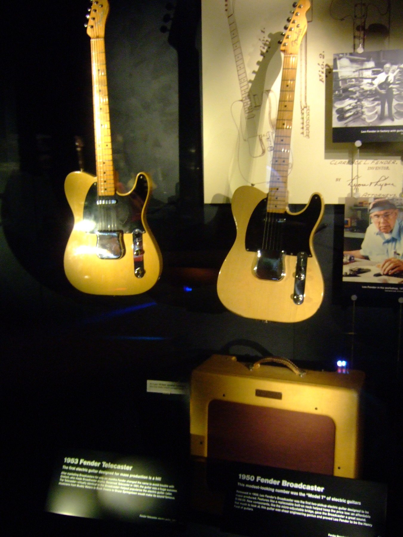 A 1950 Fender Broadcaster and a 1953 Fender Telecaster in a museum display case at the Experience Music Project in Seattle