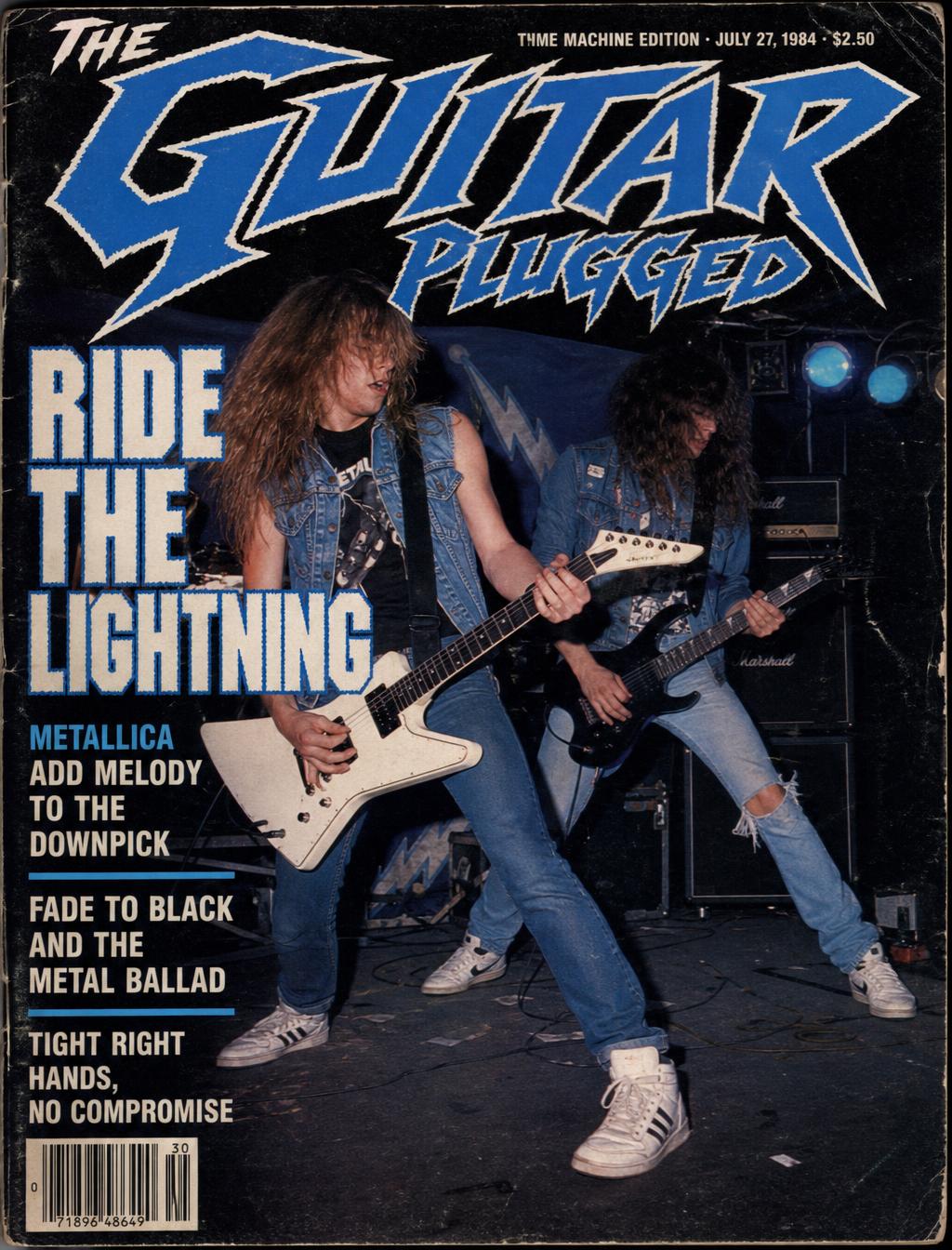 Illustration of a black guitar with sharp horns resting against a studio mixing console under cold blue light