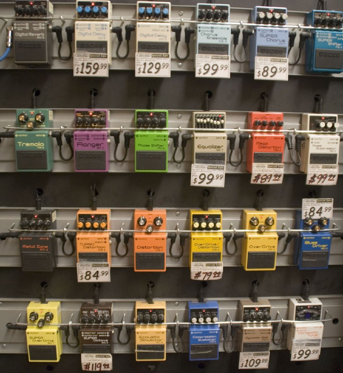 A rack of Boss compact pedals in a San Francisco music store