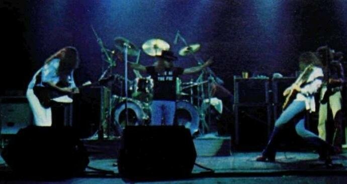 Lynyrd Skynyrd on stage in a December 1976 MCA trade ad, months after Gaines joined. (Inline only: 690 px wide.)