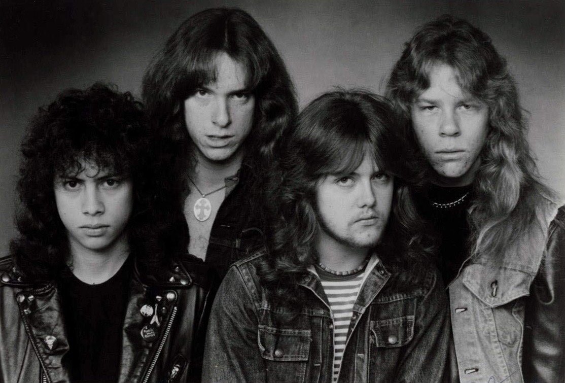 Metallica in a 1983 Megaforce Records press photo, the era when Hetfield's downpicking was taking shape.