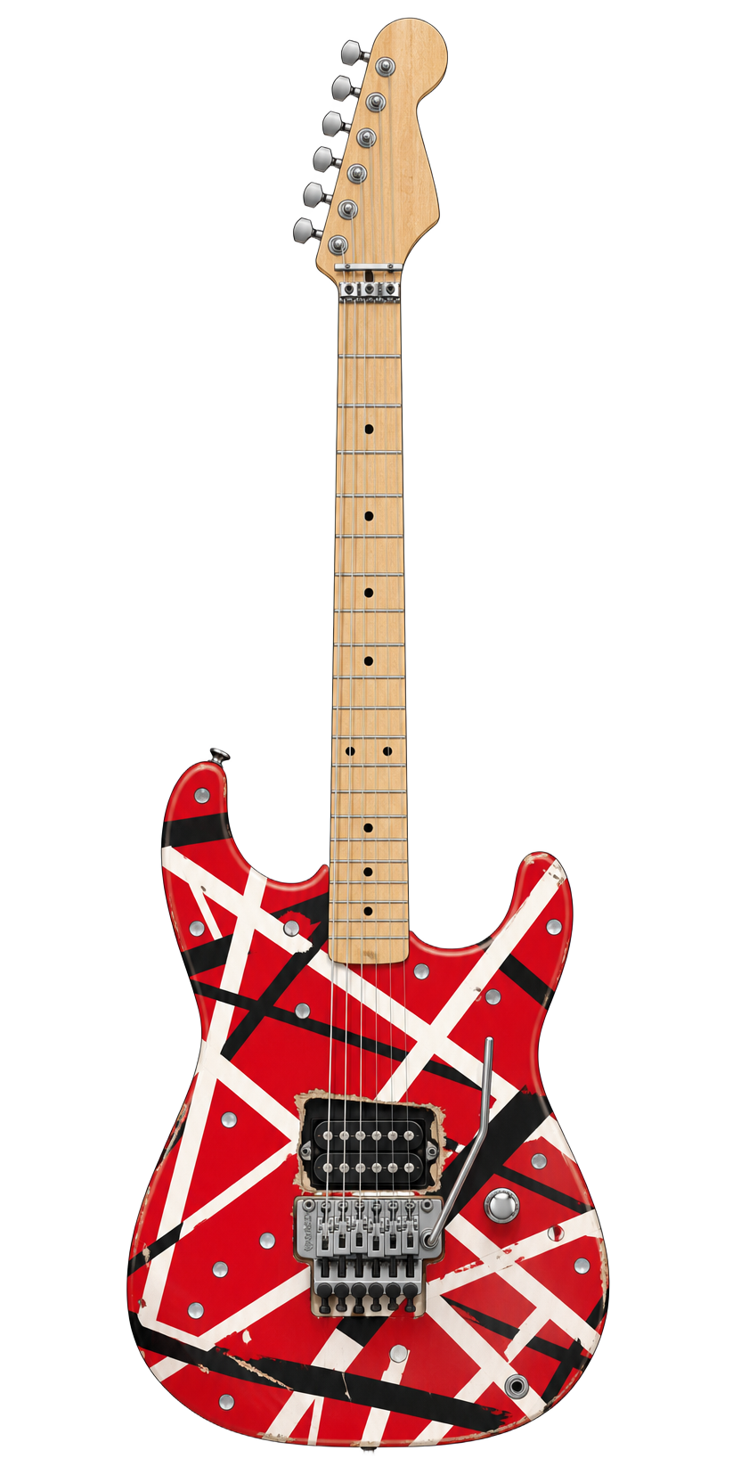 Editorial illustration of Eddie Van Halen's red, white and black striped Frankenstrat