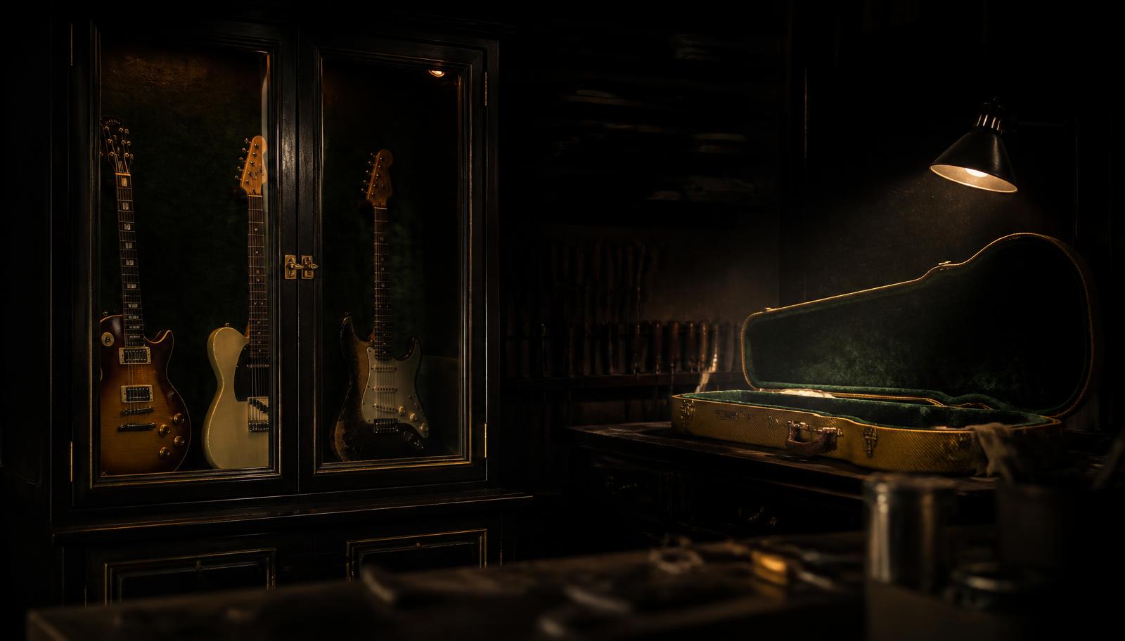 The vintage and used room: worn amps, old cases and player-grade guitars under warm amber light