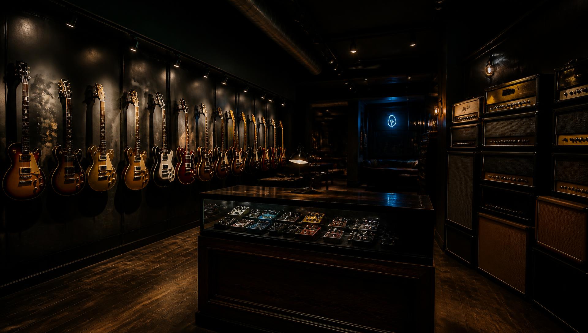 Inside The TGP Guitar Shop at night: guitars hanging on a dark wall, amps stacked beside a lit pedal counter